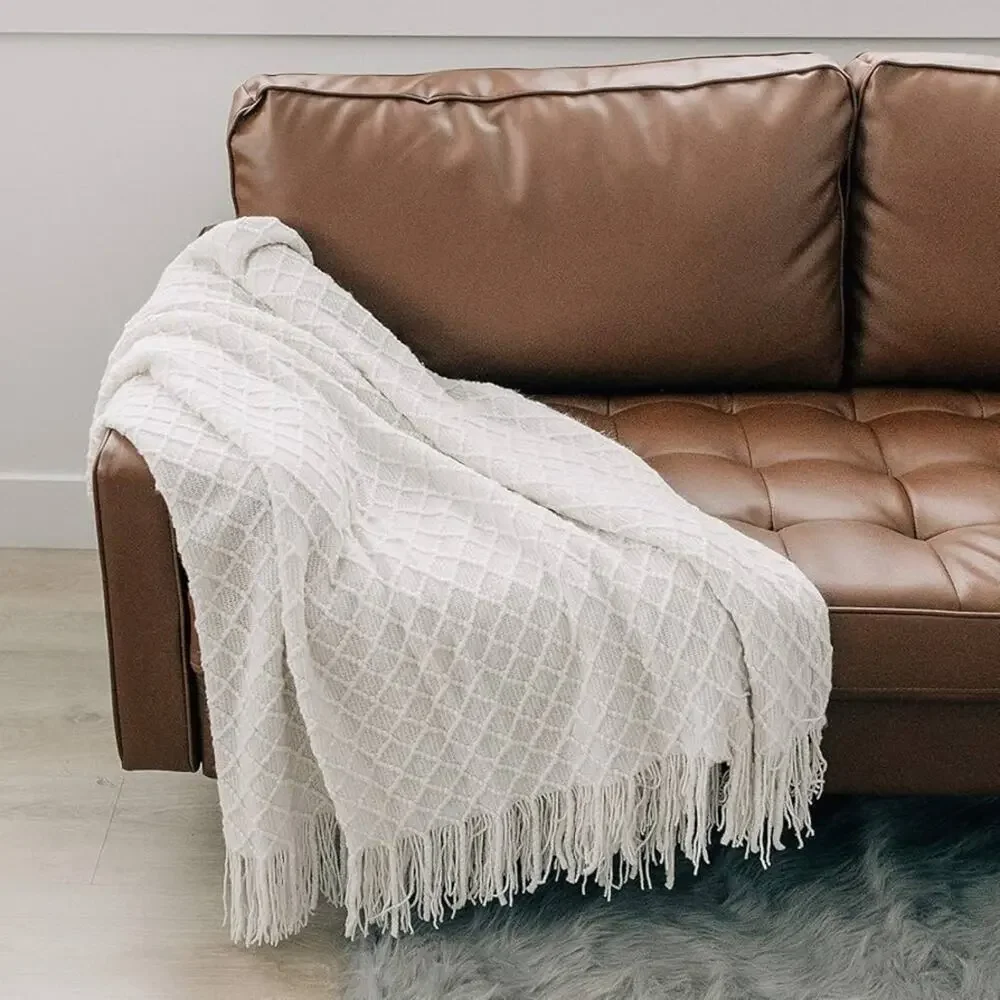 2 BEDSURE TARGET White Ivory Jacquard Weave Knitted Tassel Fringe Blanket Throw